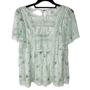 Anthropologie Meadow Rue Floral Embroidered Mesh Overlay Blouse
